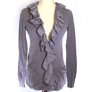 Loft Satin Ruffle Cardigan Sweater Plum Small